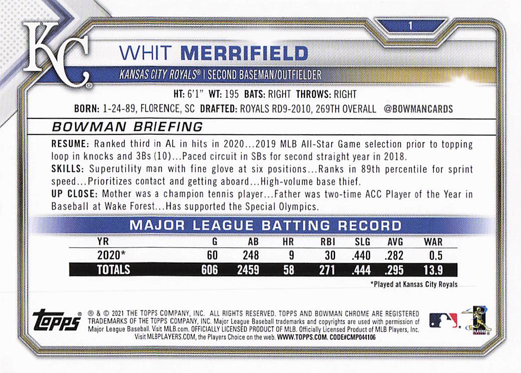 2021 Bowman Baseball Whit Merrifield #1