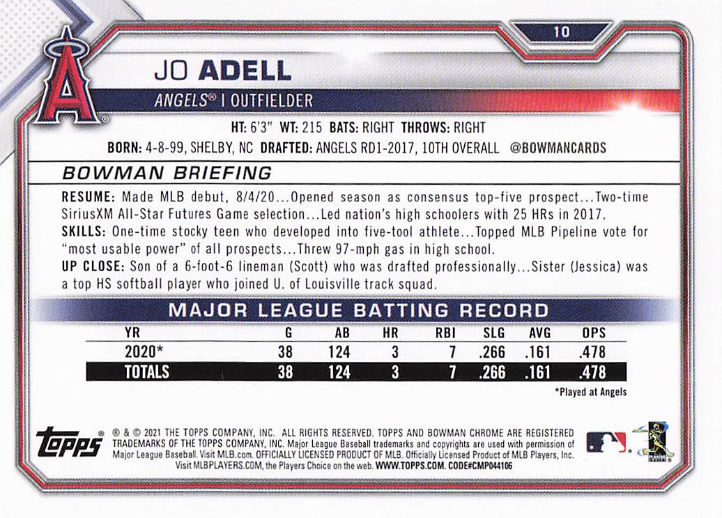 2021 Bowman Baseball Jo Adell #10 Rookie