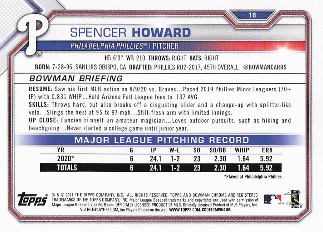 2021 Bowman Baseball Spencer Howard #16 Rookie