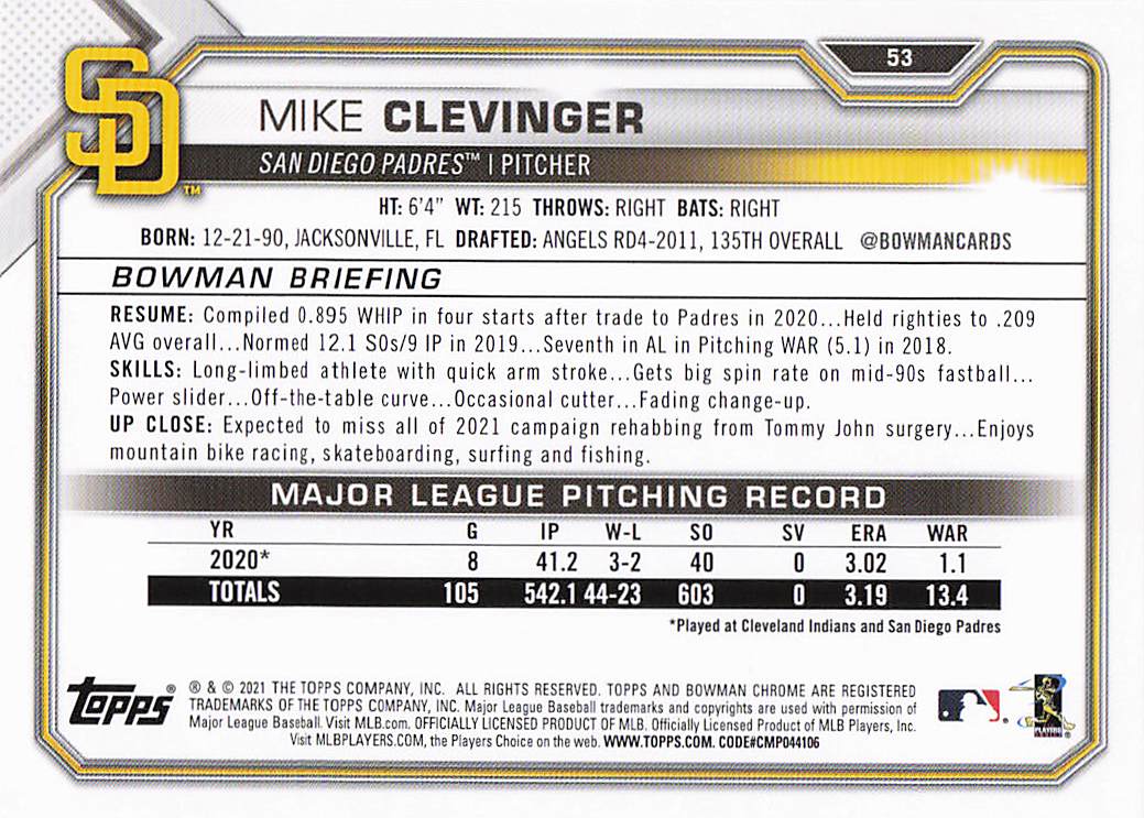 2021 Bowman Baseball Mike Clevinger #53