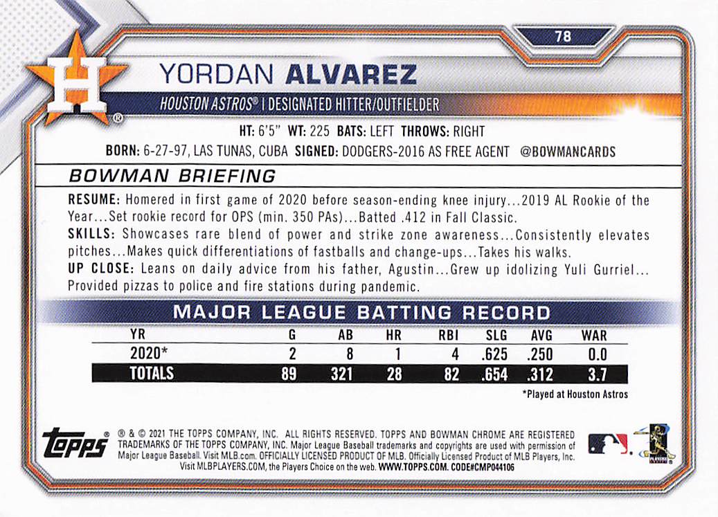 2021 Bowman Baseball Yordan Alvarez #78