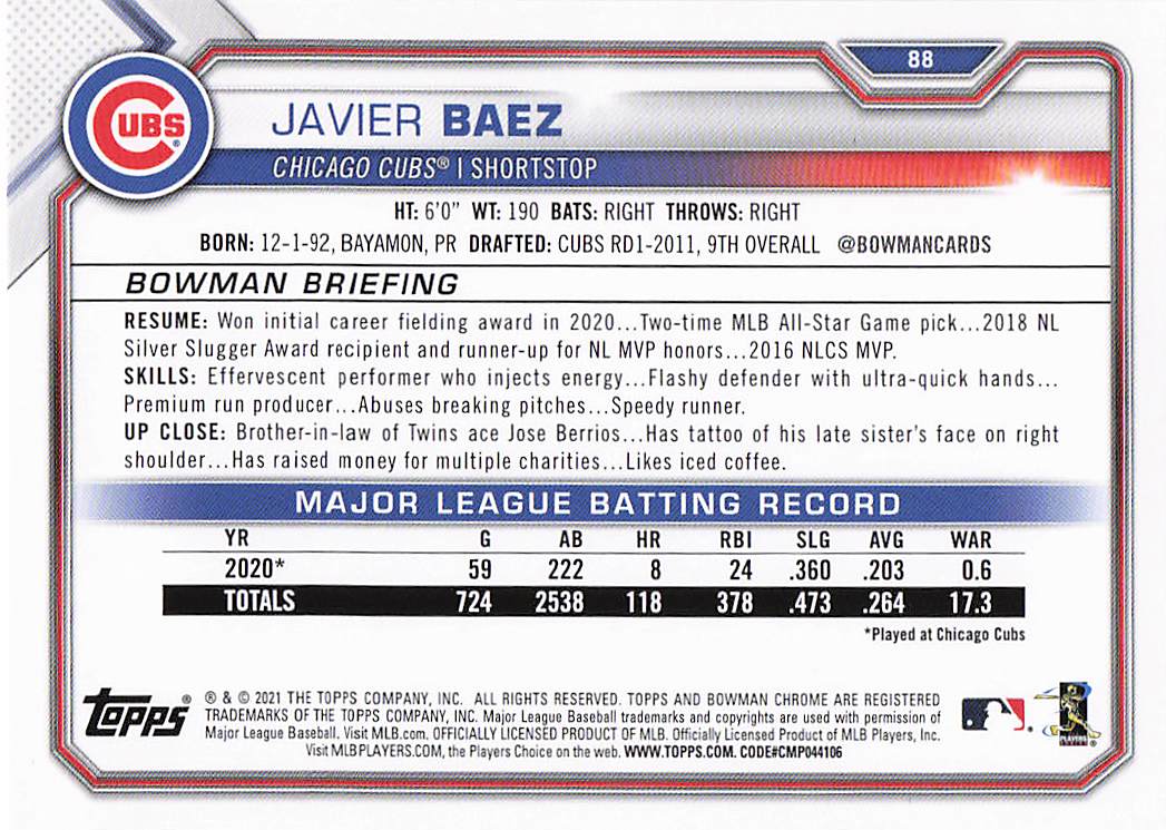 2021 Bowman Baseball Javier Baez #88