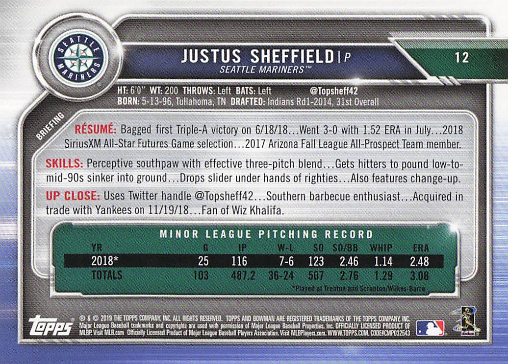 2019 Bowman Baseball Justus Sheffield #12 Rookie