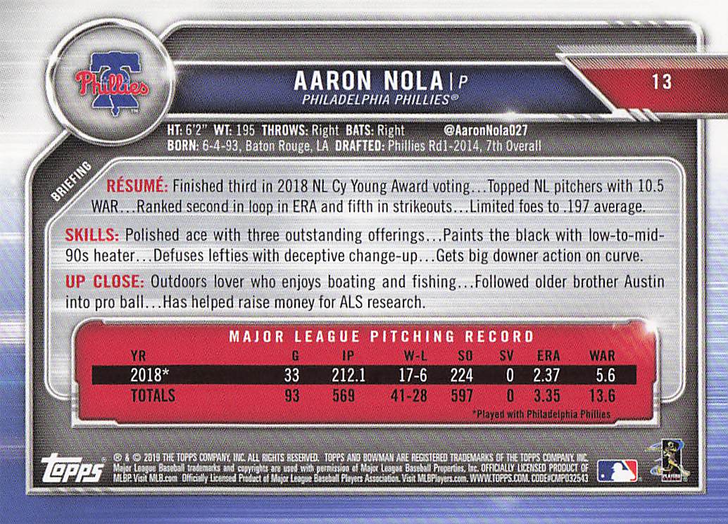 2019 Bowman Baseball Aaron Nola #13
