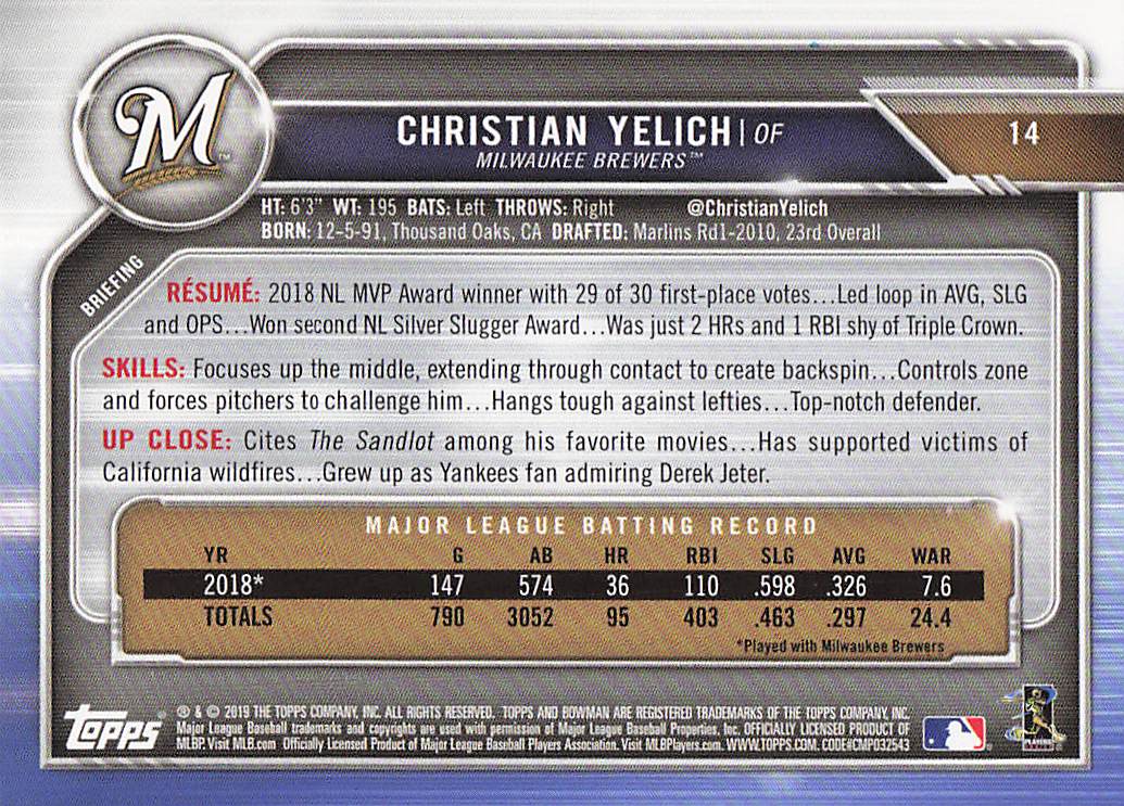 2019 Bowman Baseball Christian Yelich #14