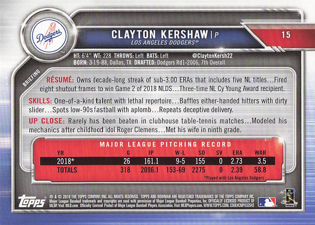 2019 Bowman Baseball Clayton Kershaw #15
