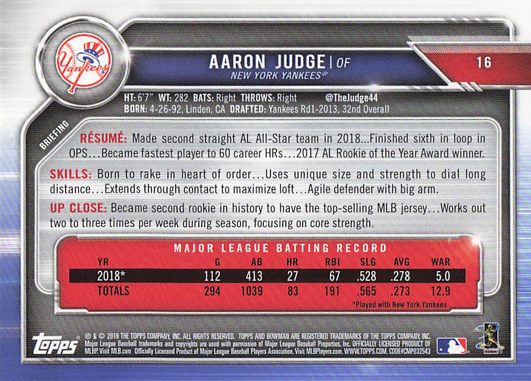 2019 Bowman Baseball Aaron Judge #16