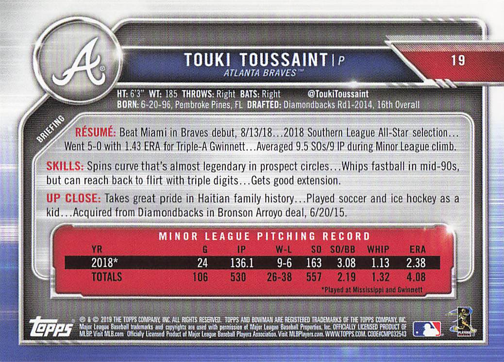2019 Bowman Baseball Touki Toussaint #19 Rookie