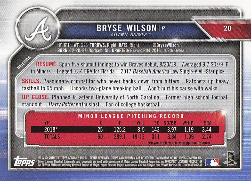 2019 Bowman Baseball Bryse Wilson #20 Rookie