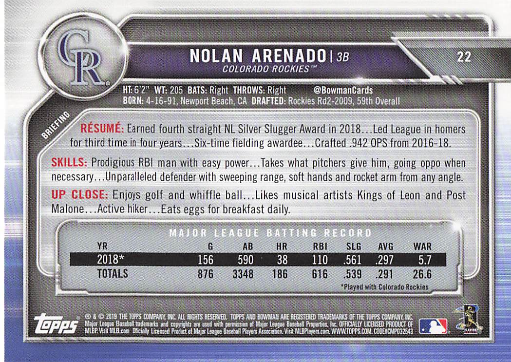 2019 Bowman Baseball Nolan Arenado #22