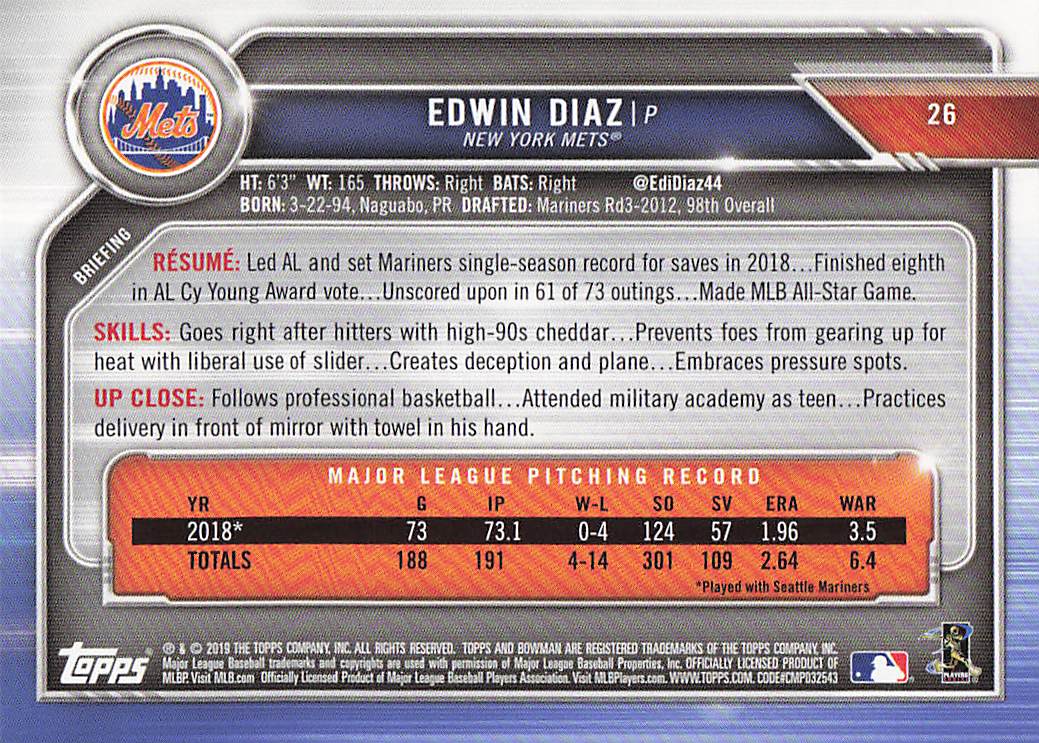 2019 Bowman Baseball Edwin Diaz #26