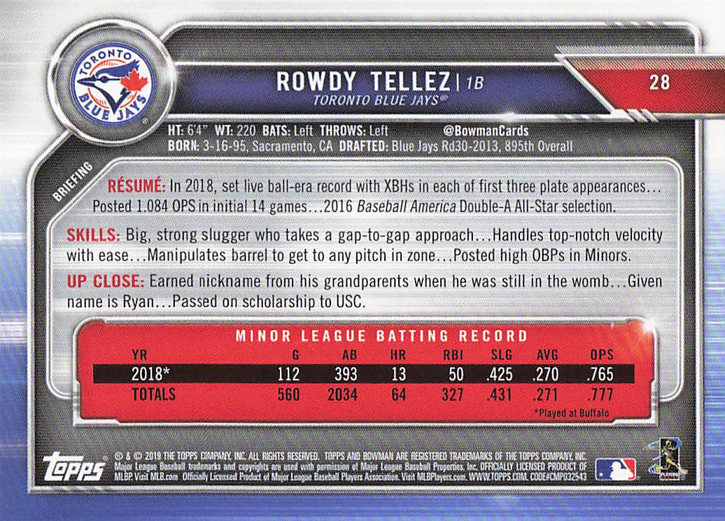 2019 Bowman Baseball Rowdy Tellez #28 Rookie