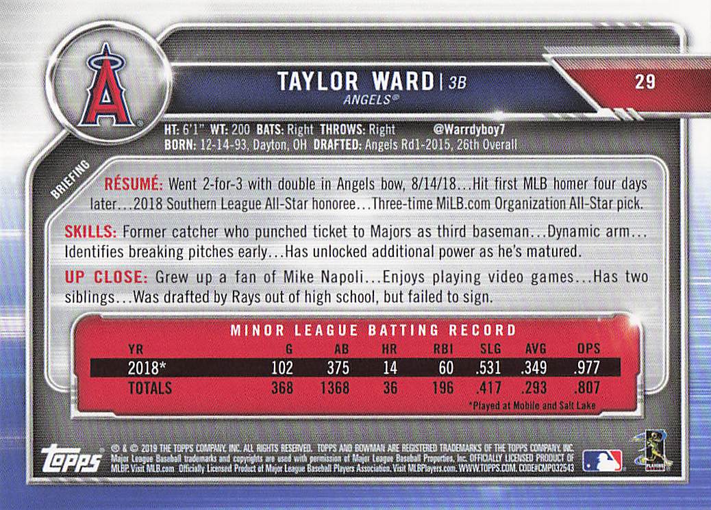 2019 Bowman Baseball Taylor Ward #29 Rookie
