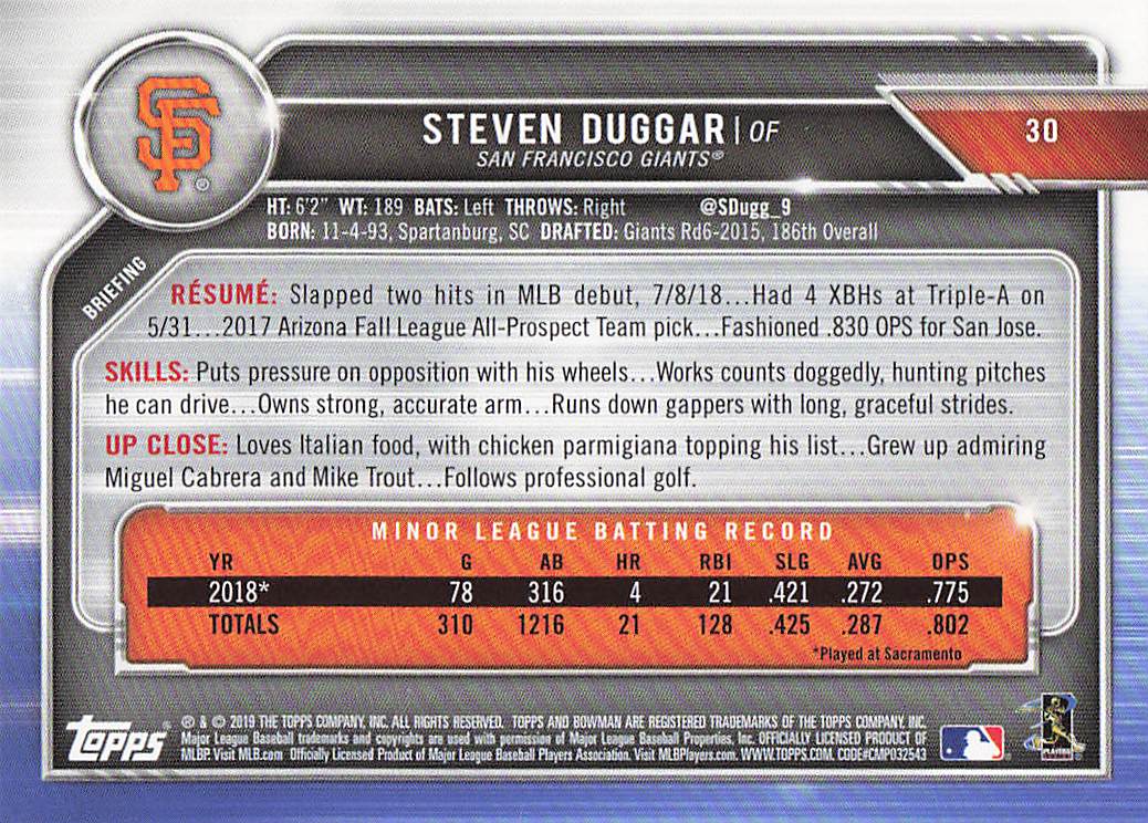 2019 Bowman Baseball Steven Duggar #30 Rookie