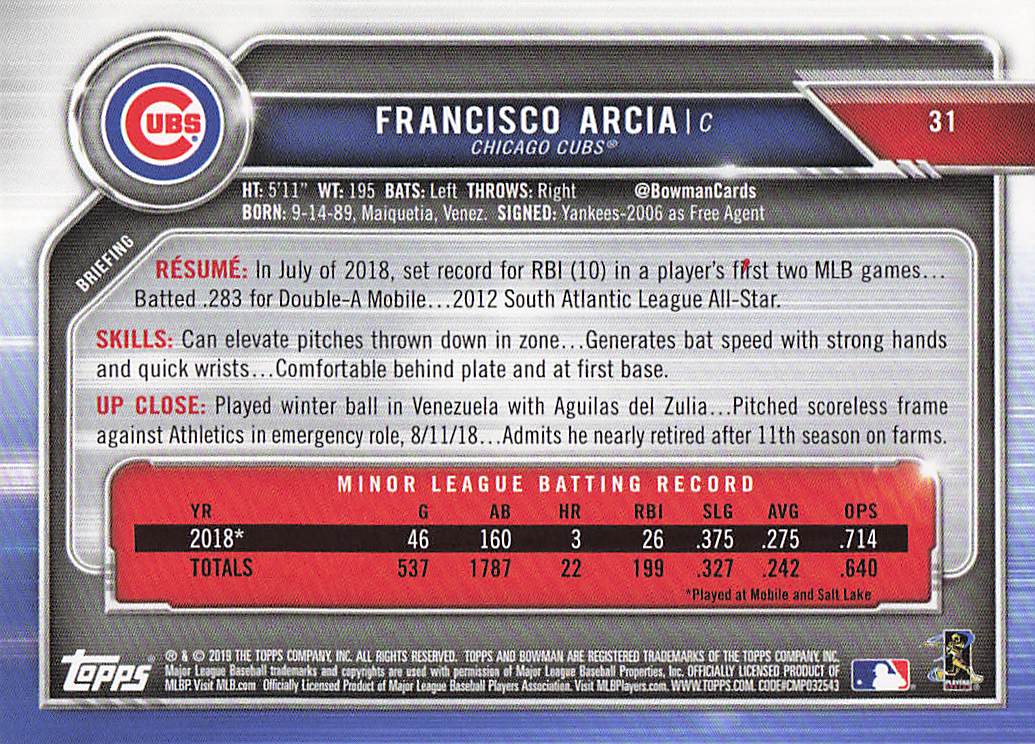 2019 Bowman Baseball Francisco Arcia #31 Rookie
