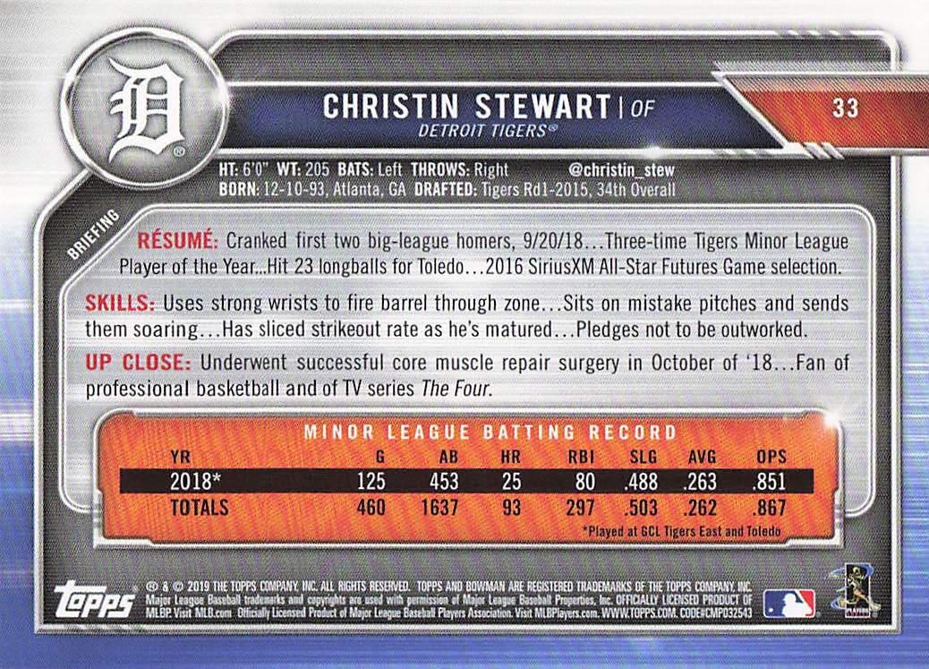 2019 Bowman Baseball Christin Stewart #33 Rookie
