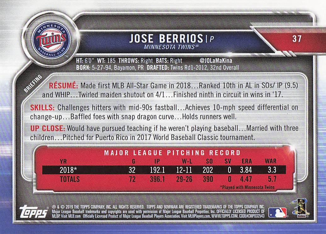 2019 Bowman Baseball Jose Berrios #37