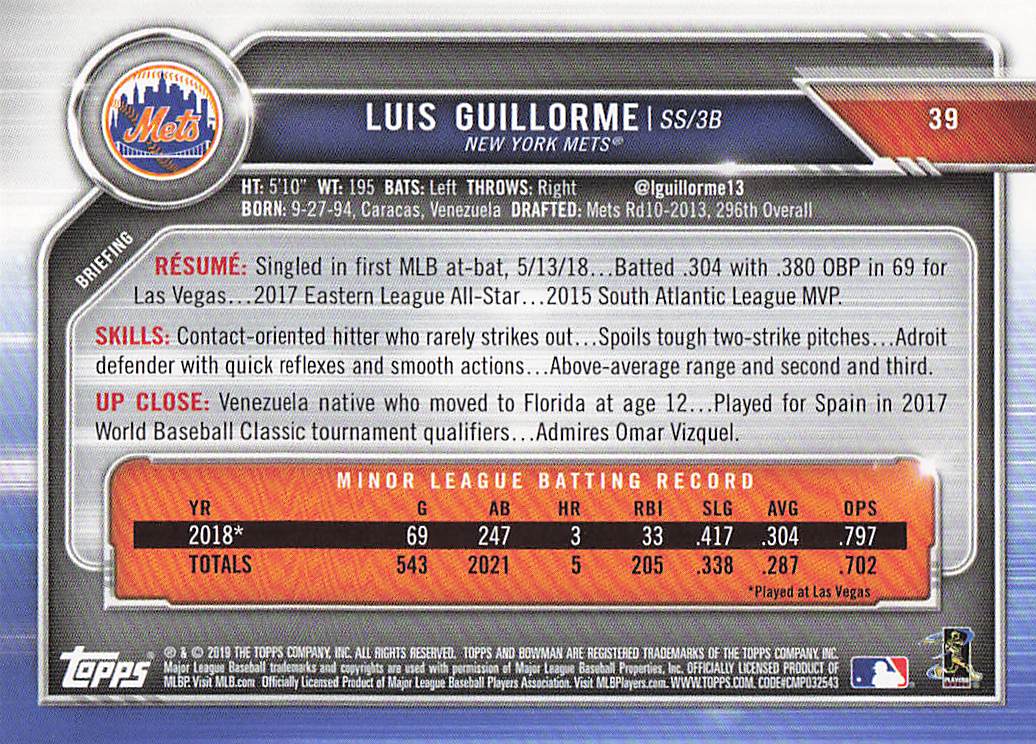 2019 Bowman Baseball Luis Guillorme #39 Rookie