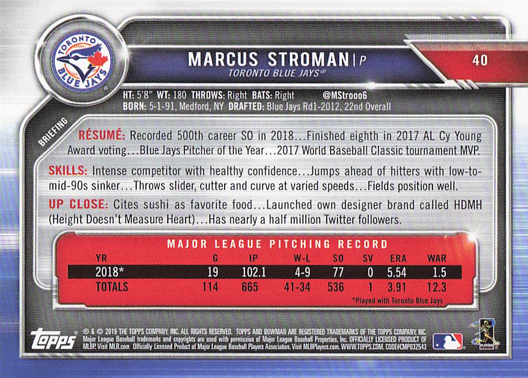 2019 Bowman Baseball Marcus Stroman #40