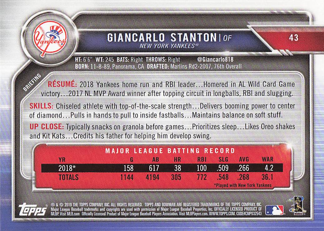 2019 Bowman Baseball Giancarlo Stanton #43