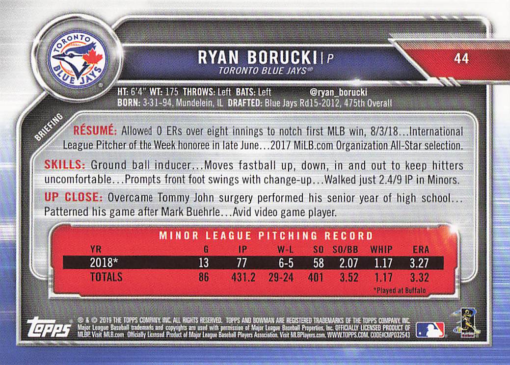 2019 Bowman Baseball Ryan Borucki #44 Rookie