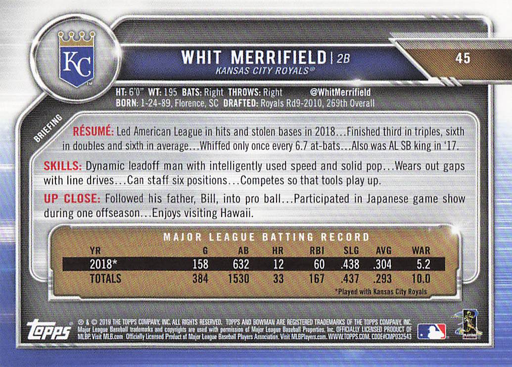 2019 Bowman Baseball Whit Merrifield #45