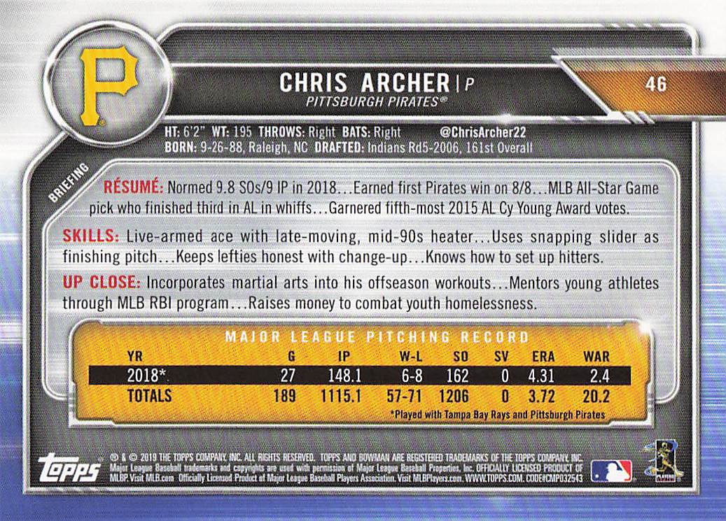 2019 Bowman Baseball Chris Archer #46