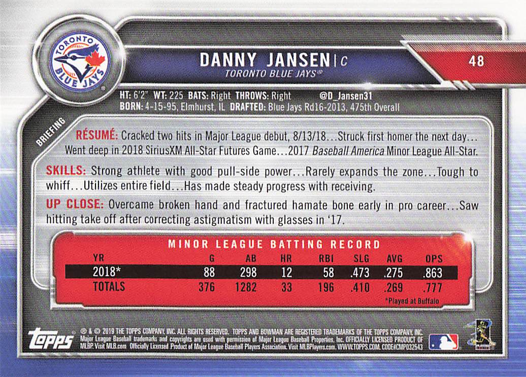 2019 Bowman Baseball Danny Jansen #48 Rookie
