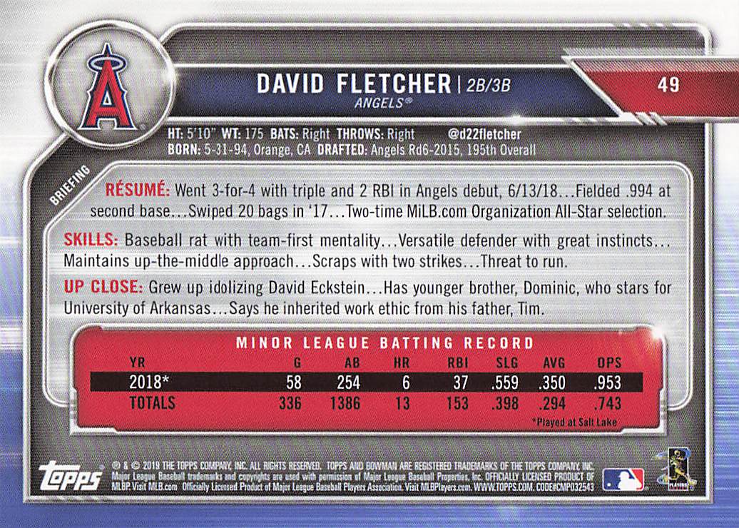 2019 Bowman Baseball David Fletcher #49 Rookie
