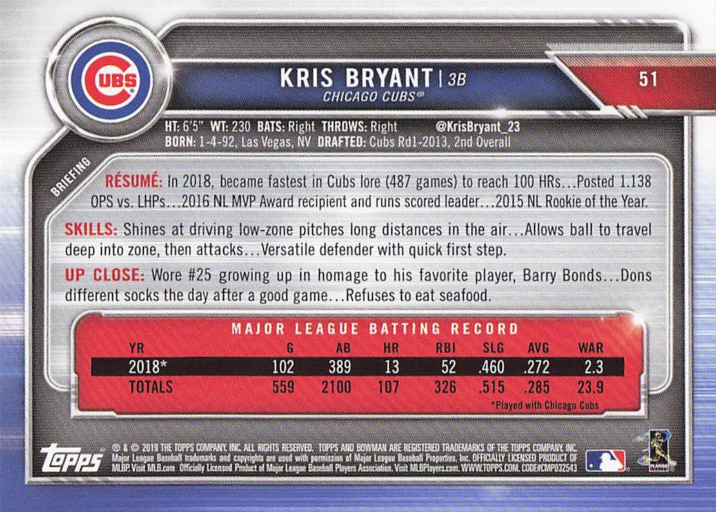 2019 Bowman Baseball Kris Bryant #51