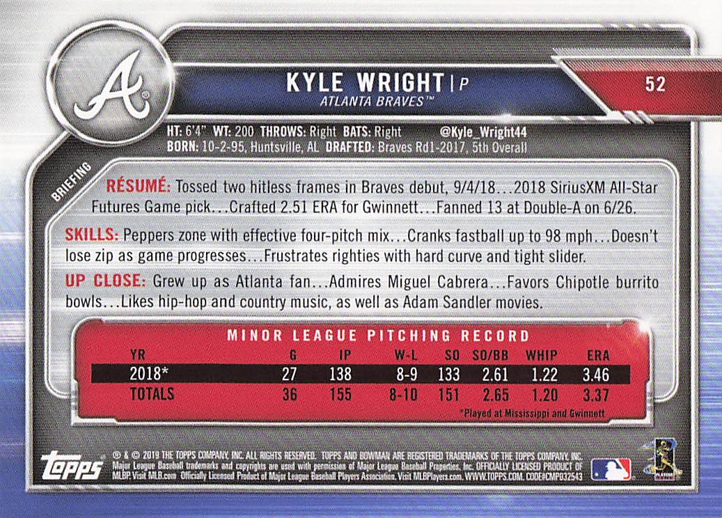 2019 Bowman Baseball Kyle Wright #52 Rookie