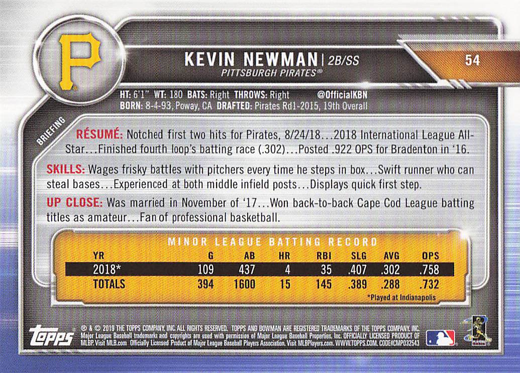 2019 Bowman Baseball Kevin Newman #54 Rookie