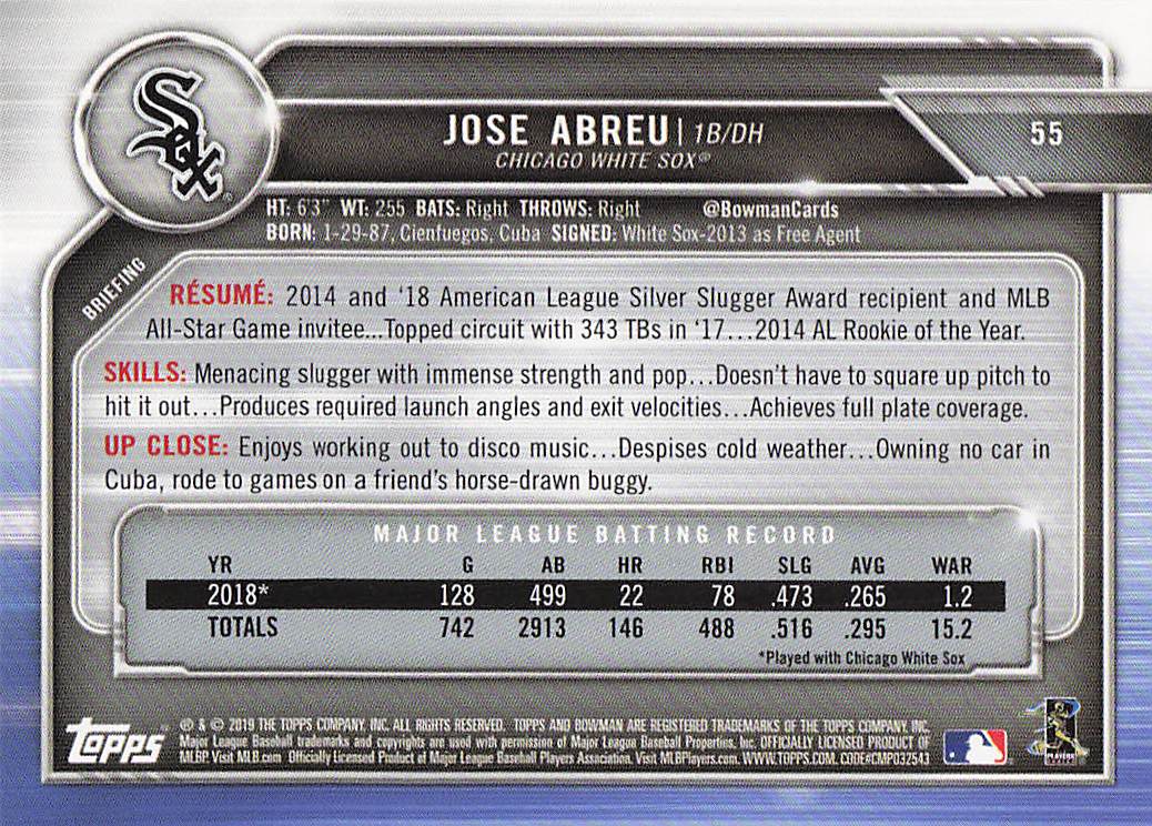 2019 Bowman Baseball Jose Abreu #55