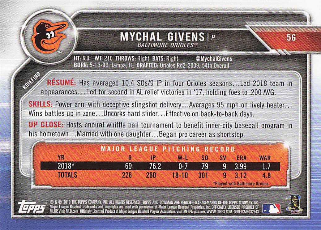 2019 Bowman Baseball Mychal Givens #56