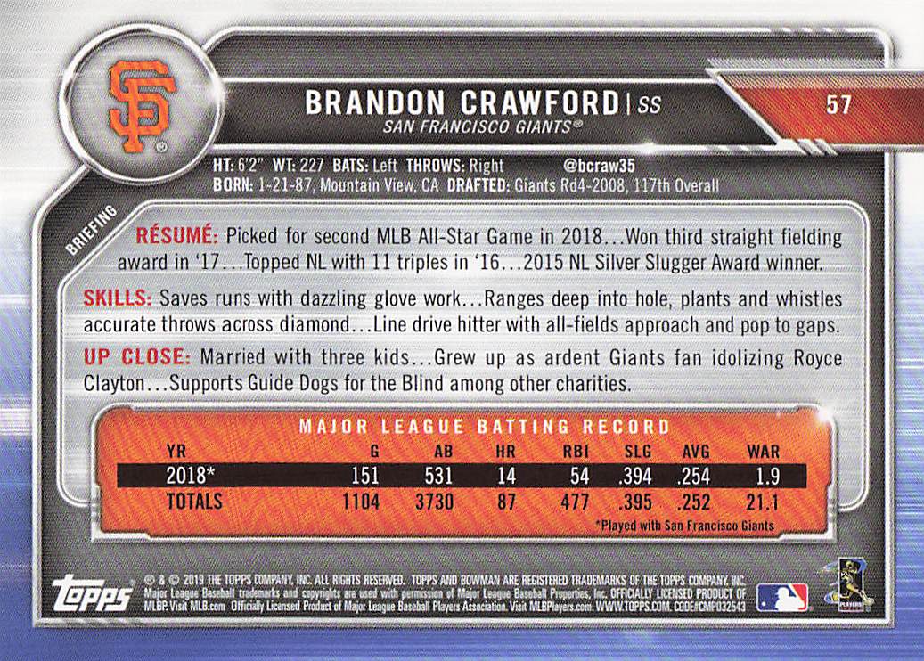 2019 Bowman Baseball Brandon Crawford #57