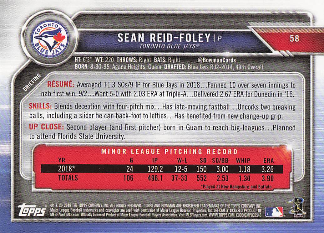 2019 Bowman Baseball Sean Reid-Foley #58 Rookie