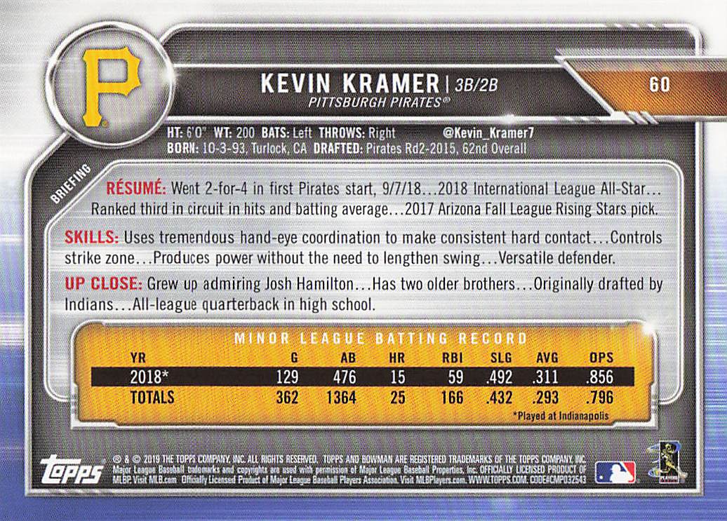 2019 Bowman Baseball Kevin Kramer #60 Rookie