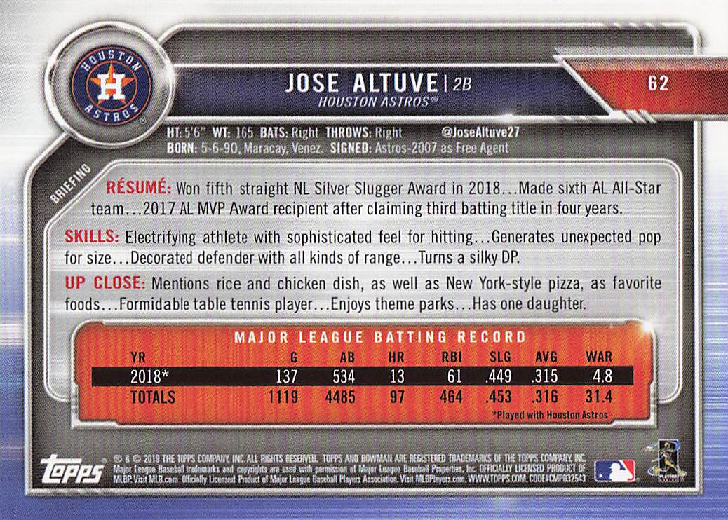 2019 Bowman Baseball Jose Altuve #62