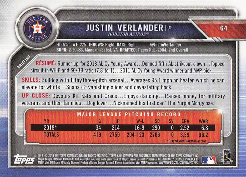 2019 Bowman Baseball Justin Verlander #64
