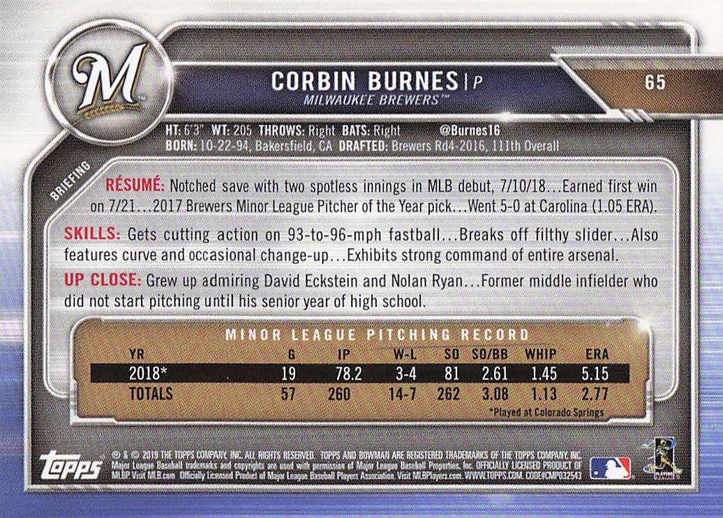 2019 Bowman Baseball Corbin Burnes #65 Rookie