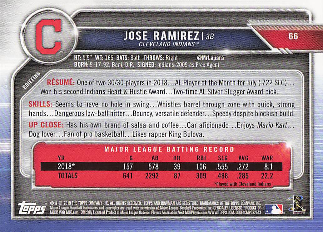 2019 Bowman Baseball Jose Ramirez #66