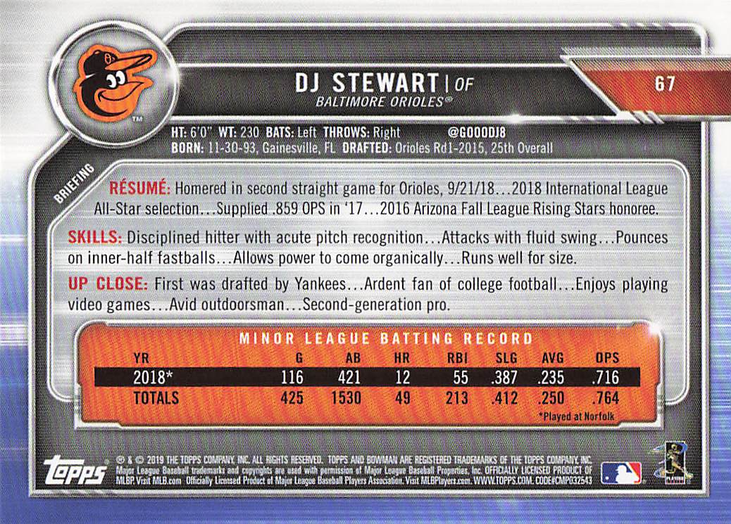 2019 Bowman Baseball DJ Stewart #67 Rookie