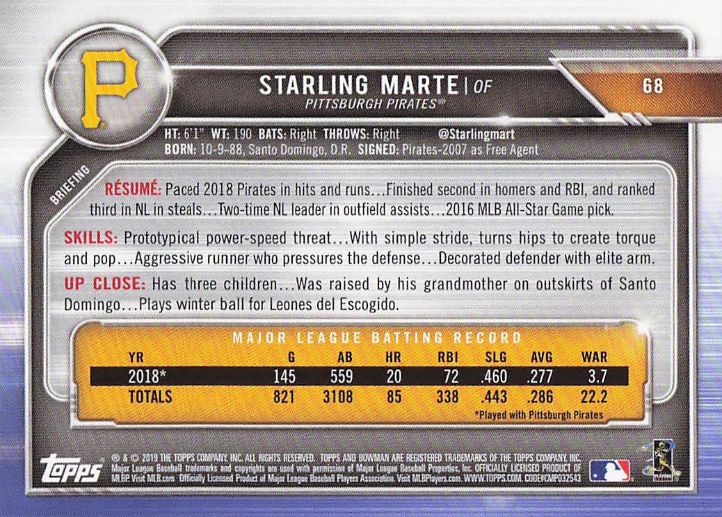 2019 Bowman Baseball Starling Marte #68