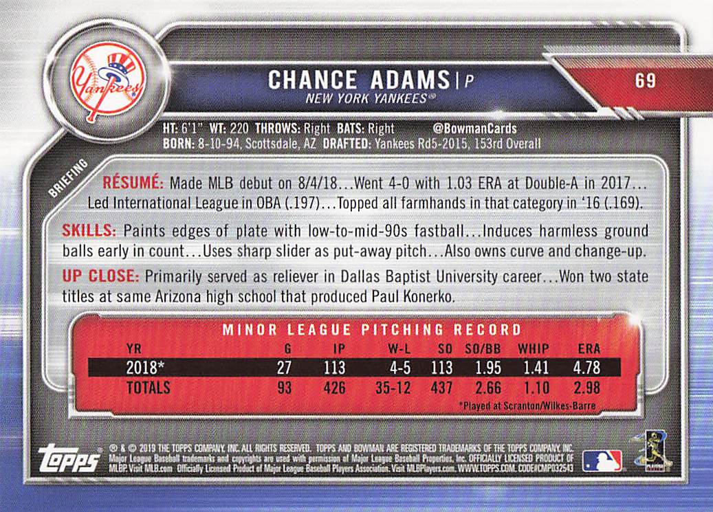 2019 Bowman Baseball Chance Adams #69 Rookie