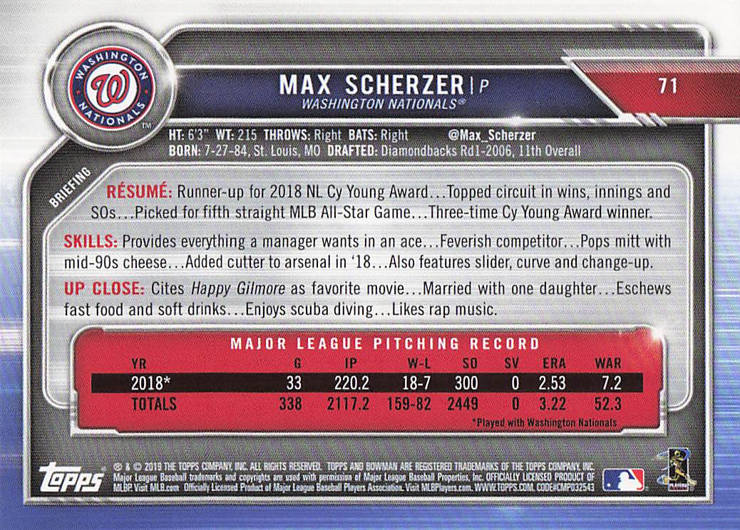 2019 Bowman Baseball Max Scherzer #71