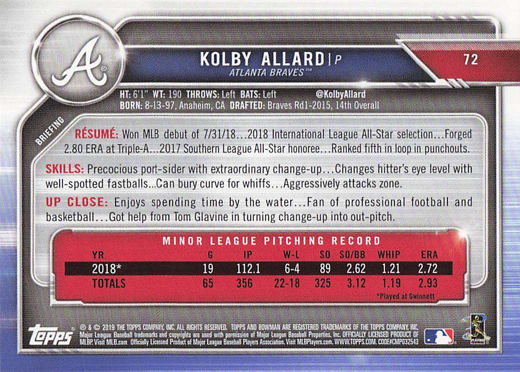 2019 Bowman Baseball Kolby Allard #72 Rookie