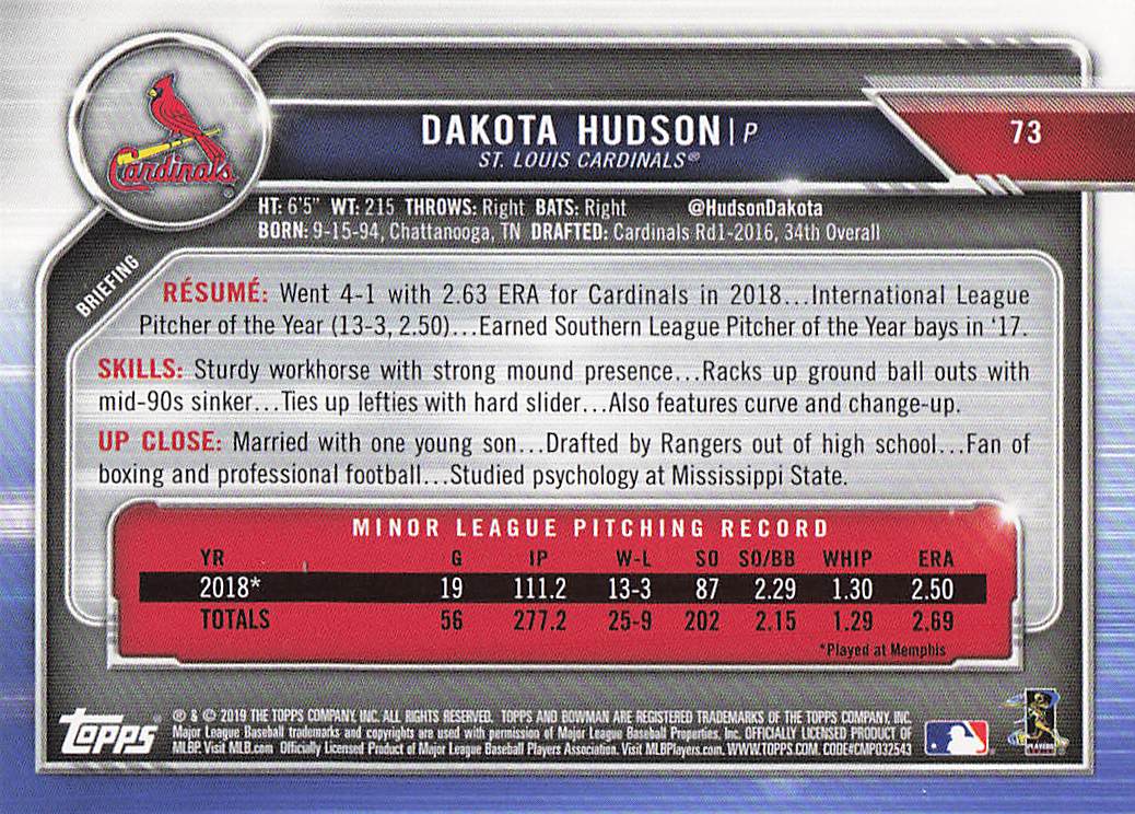 2019 Bowman Baseball Dakota Hudson #73 Rookie