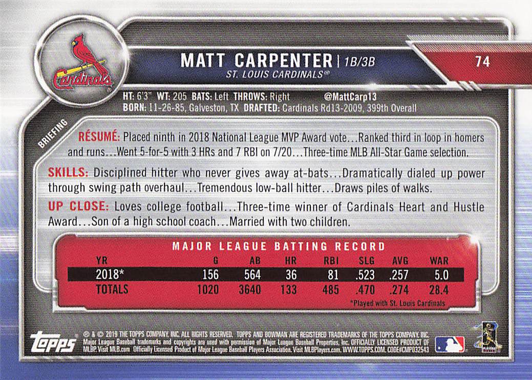 2019 Bowman Baseball Matt Carpenter #74