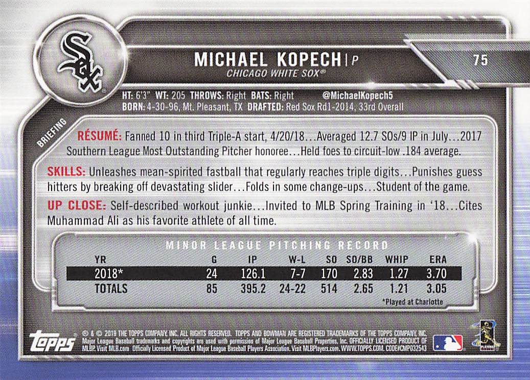 2019 Bowman Baseball Michael Kopech #75 Rookie