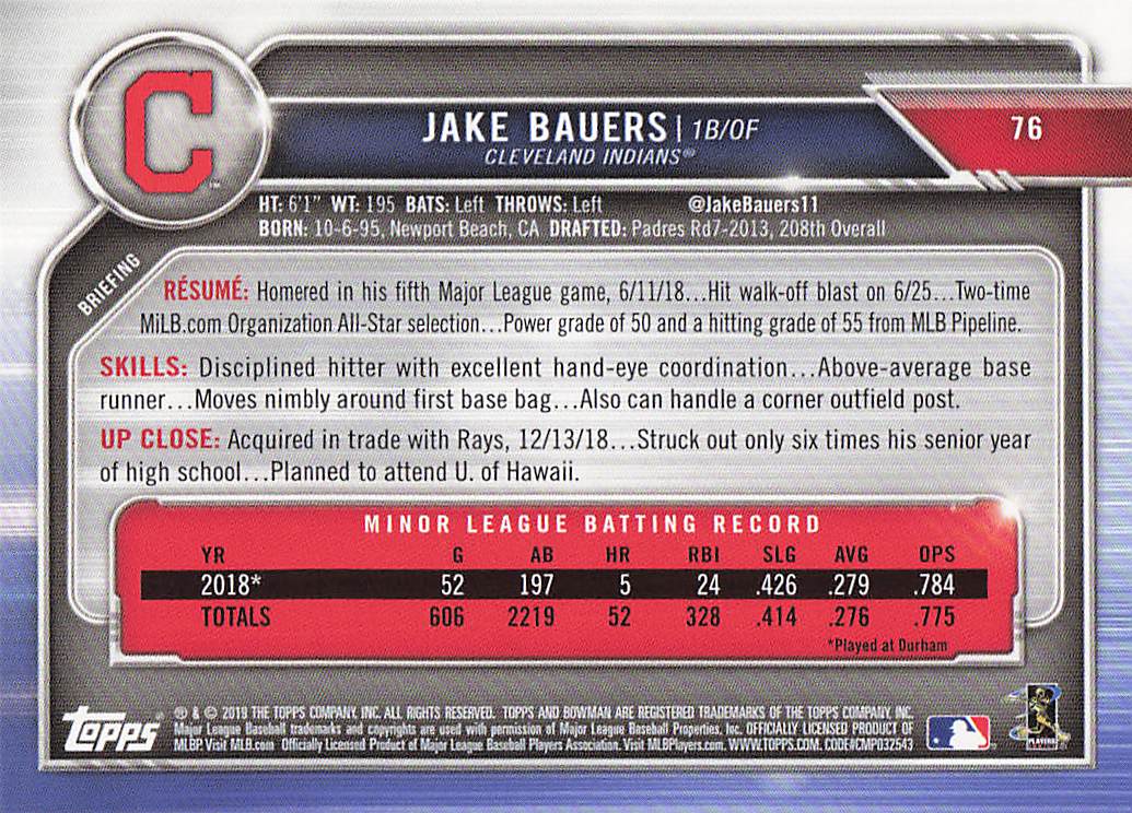 2019 Bowman Baseball Jake Bauers #76 Rookie